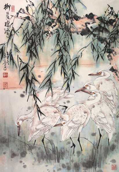 康宁 栖鹭图 带框